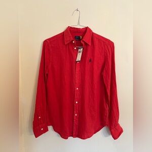 NWT SZ S/P  Ralph Lauren deep coral Red linen shirt